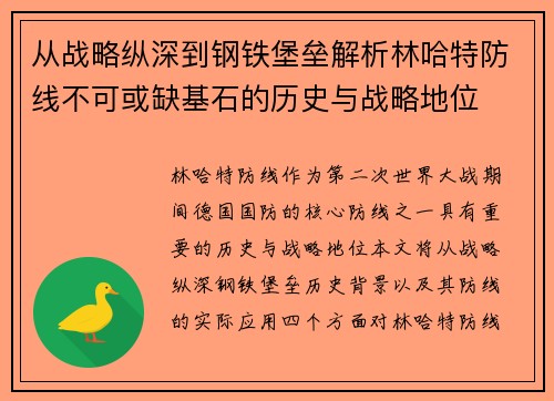 从战略纵深到钢铁堡垒解析林哈特防线不可或缺基石的历史与战略地位